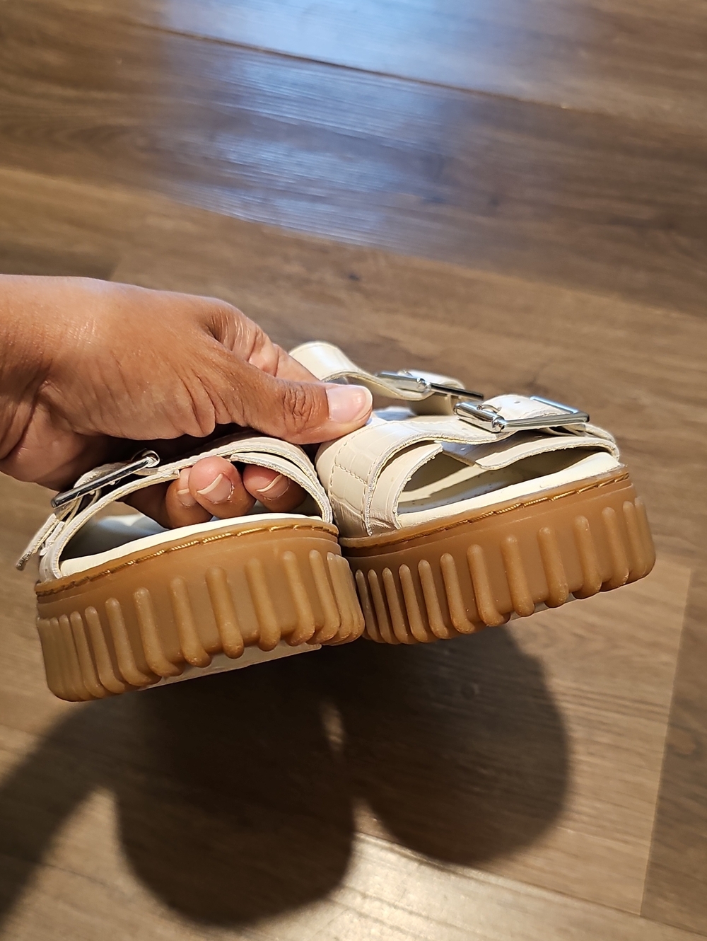 Clarks Cream Sandal with Brown Ribbed Sole - Picture 11 of 13